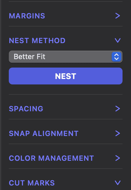 Screenshot of automatic nesting modes in NestPrint