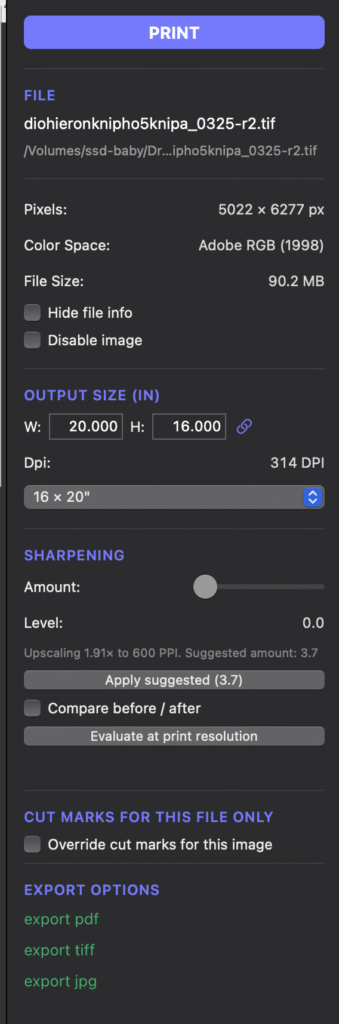 nestprint output panel showing file info and sharpening slider