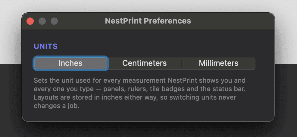 setting to switch between inches, centimeters, and millimeters